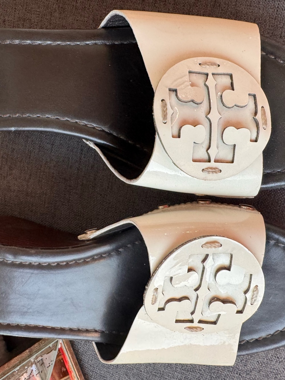 Tory Burch Cream Logo Slide Sandals with Black Footbed